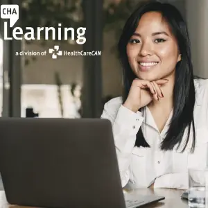 CHA Learning logo and a woman smiling behind a computer