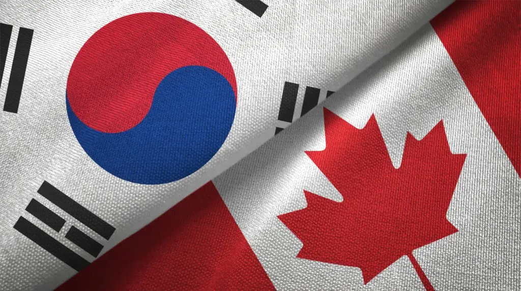 South Korea and Canada flags together textile cloth, fabric texture