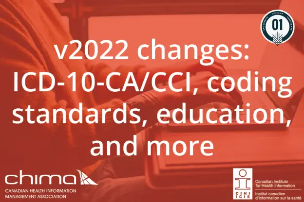 Banner for v2022 changes: ICD-10-CA/CCI, coding standards, education, and more. It is sitting on a red overlay. The 1 CPE credit logo can be seen on the top right corner. CHIMA logo is on the bottom left corner. CIHI logo can be seen on bottom right.