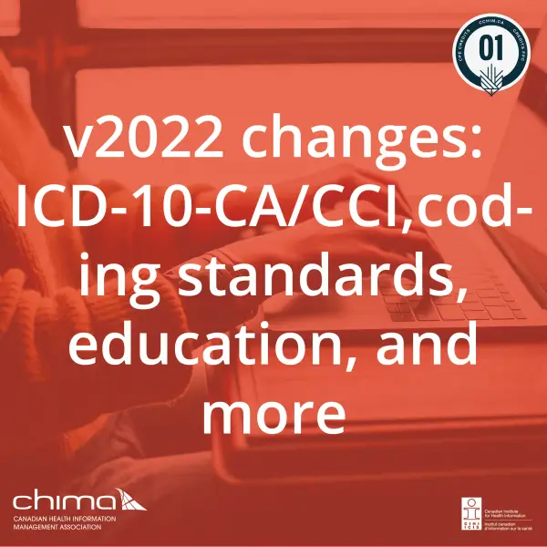 Banner for v2022 changes: ICD-10-CA/CCI, coding standards, education, and more. It is sitting on a red overlay. The 1 CPE credit logo can be seen on the top right corner. CHIMA logo is on the bottom left corner. CIHI logo can be seen on bottom right.