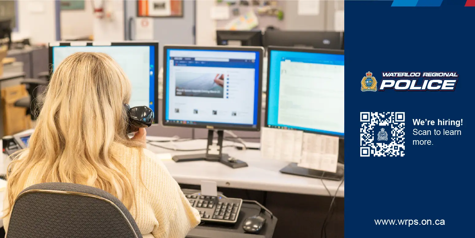 Records management specialist in front of a desktop on the left. QR code on the right.