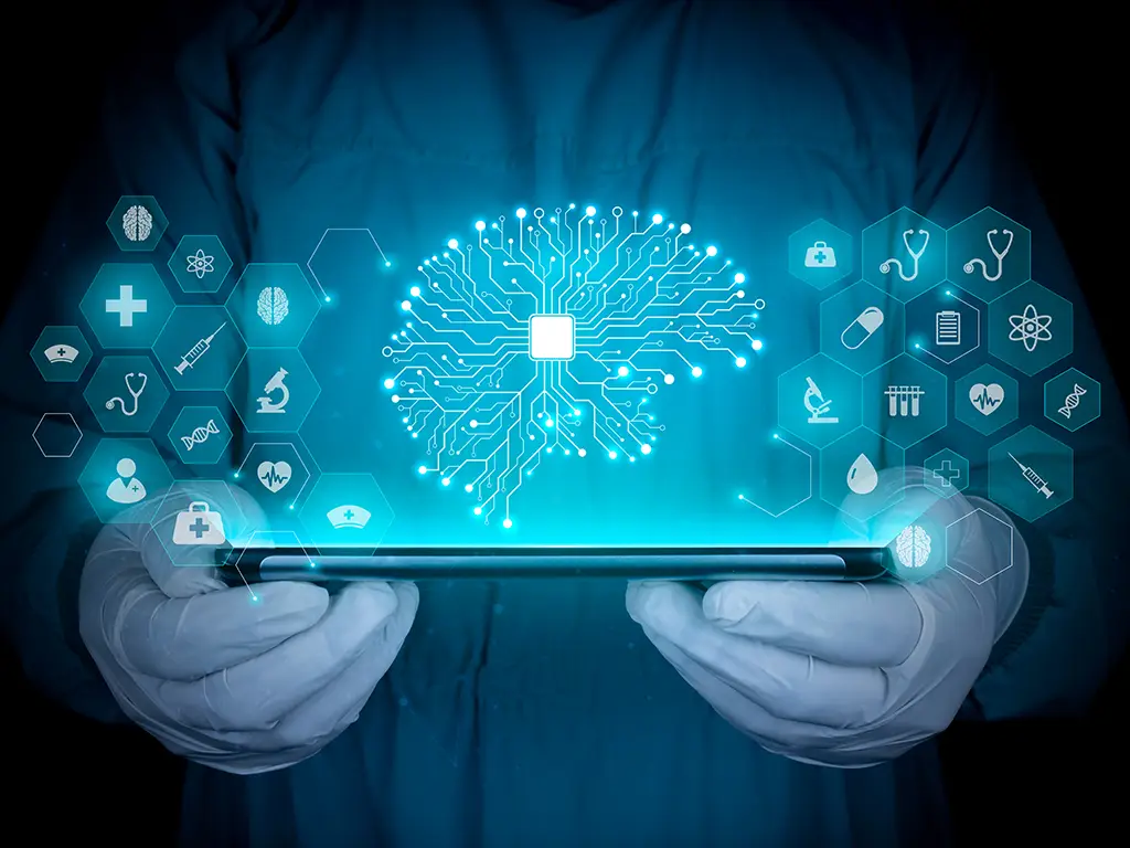 Intelligent AI learning system. Concept of using data and algorithms, AI learning and development. Cyber smart brain. Doctor with tablet analyzes AI on black background